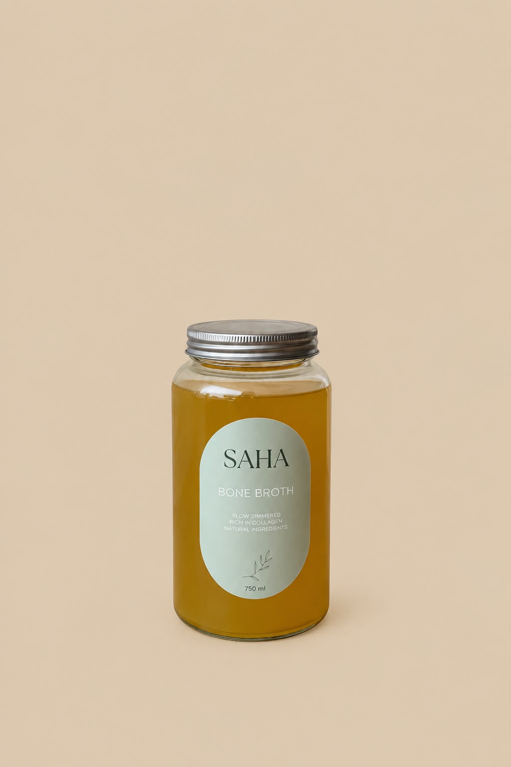 SAHA bone broth, slow-simmered, in a 750 ml glass jar
