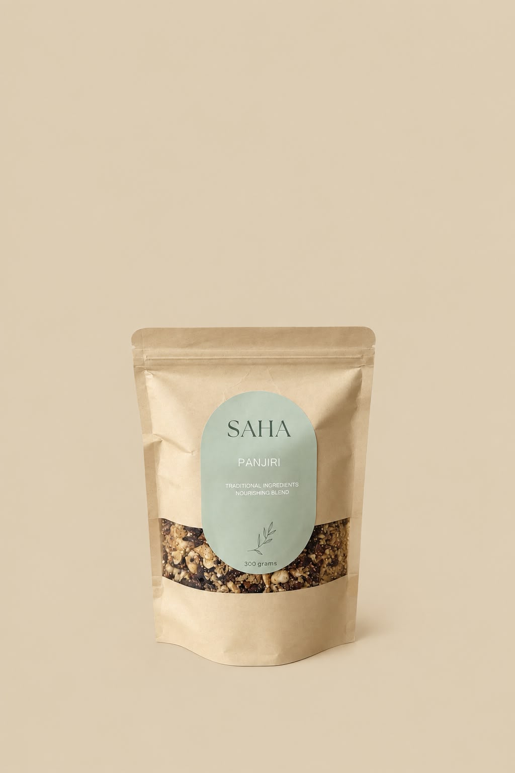 SAHA panjiri in a kraft pouch with the sage botanical label