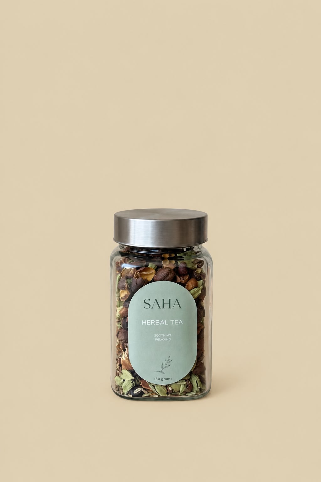 SAHA herbal tea leaves in a glass jar